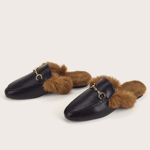 Black Casual Women's Wide Fit Fluffy Horsebit Loafer Mules - Picture 2 of 5